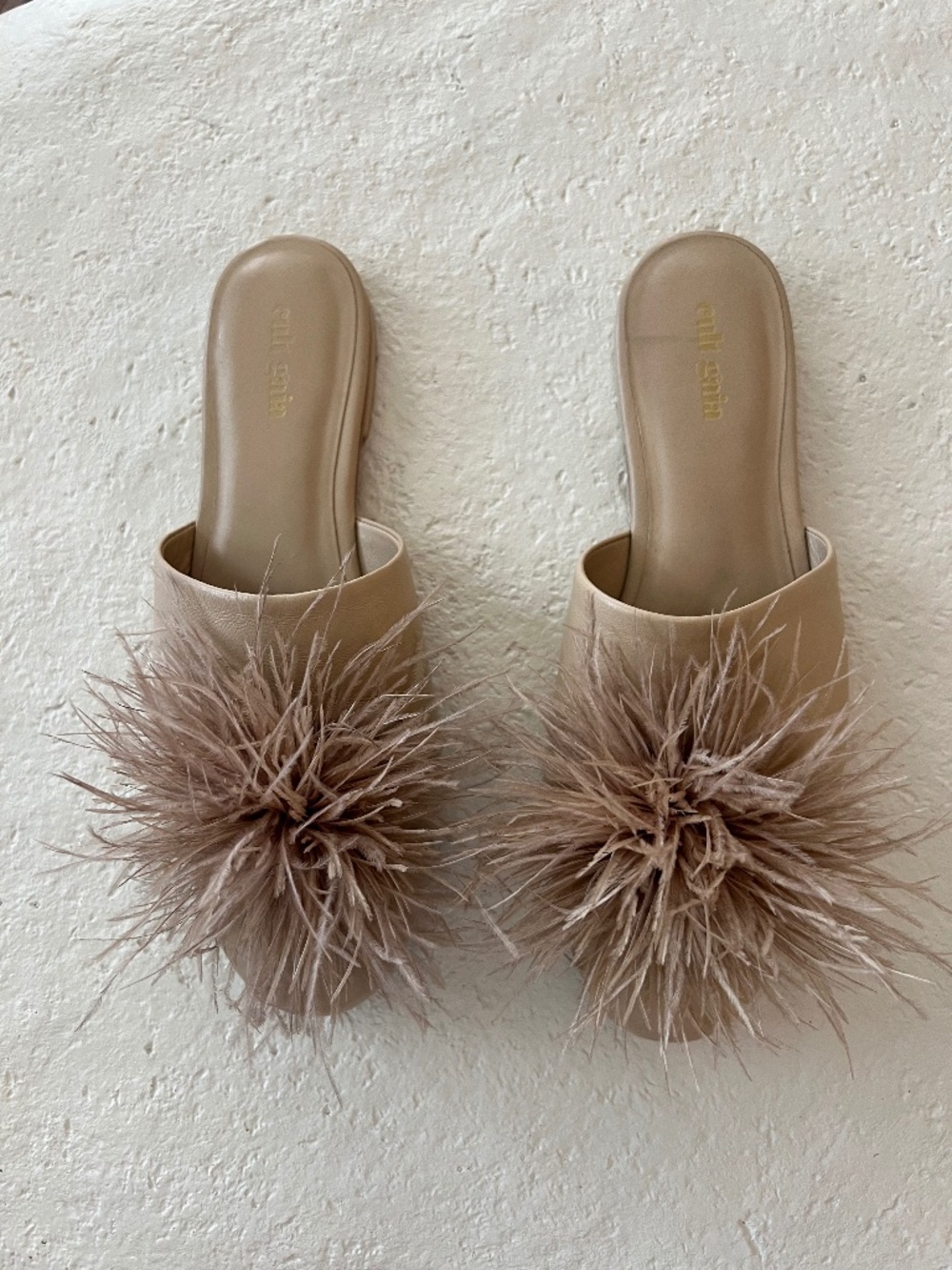 Cult Gaia Ray Ostrich Feather Mules, size 39.5, color Sand